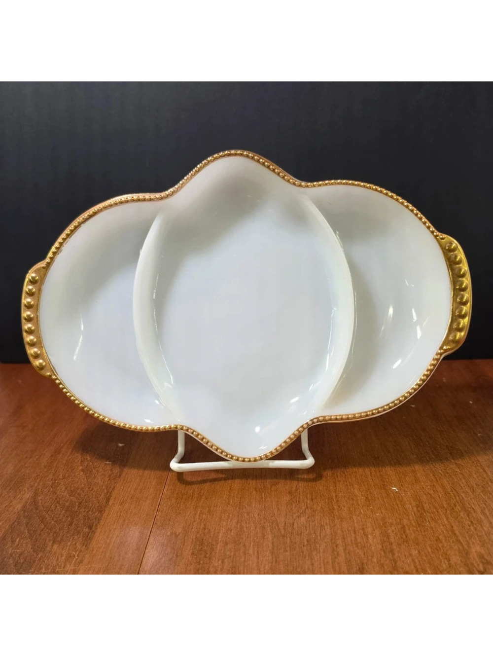 Fire King White Milk Glass 3-Pt Divided Relish Serving Bowl w/ Gold Beaded Edge